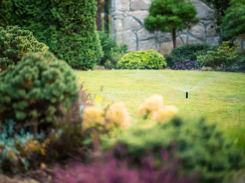 Beautiful Garden With Well-Maintained Flowers and an Automatic Sprinkler System in Summer